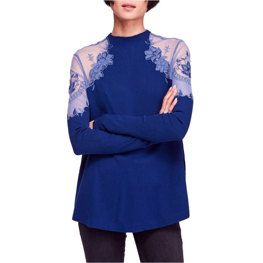 Free People Daniellla Royal Blue Embroidered Sweater Top (Worn Once)